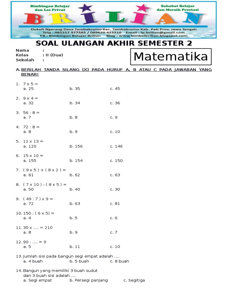 Asah Kemampuan Siswa Contoh Soal Ulangan Kelas 2 Semester 1 BTA