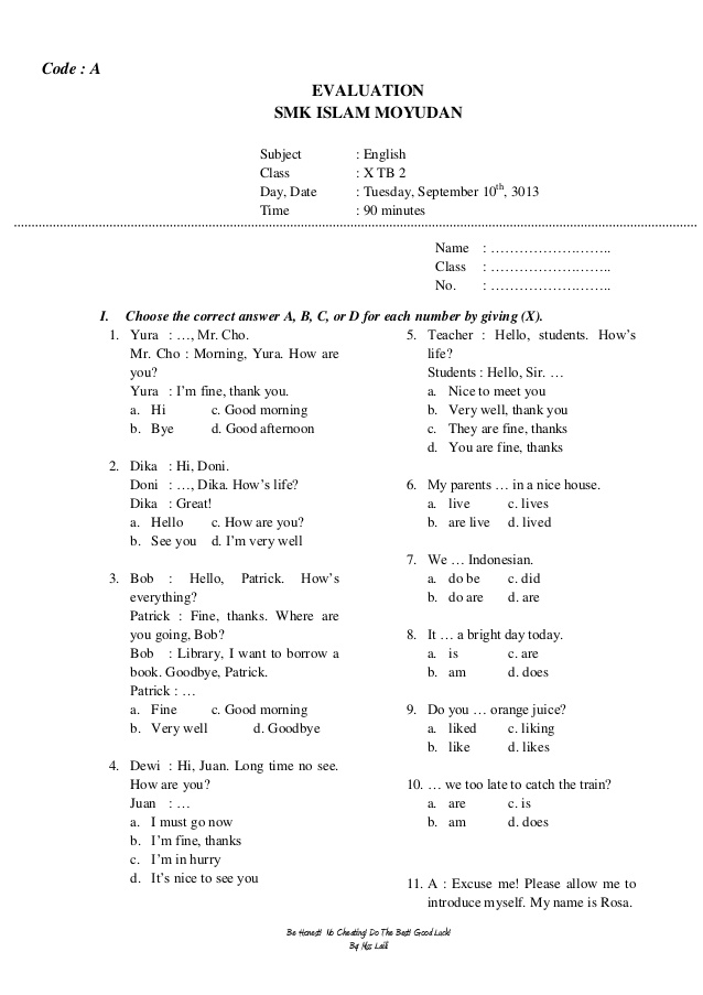Soal Uts Bahasa Inggris Kelas 10 Semester 2 - Piffle me