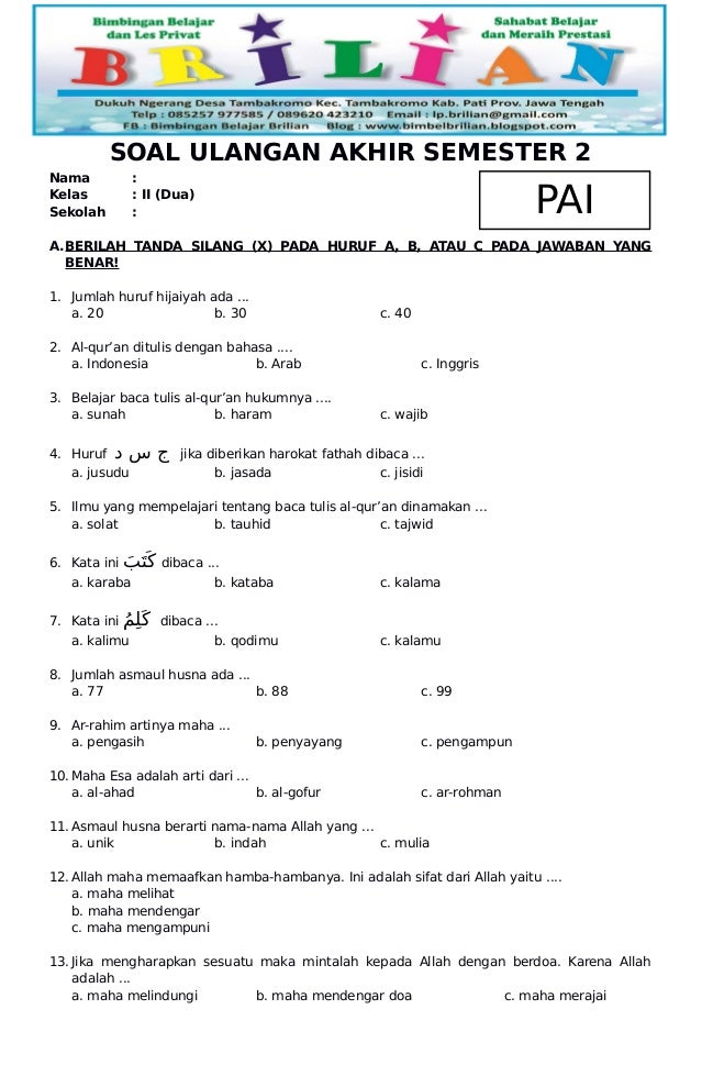 Soal Pilihan Ganda Agama Islam Kelas Xi Semester 2 Dalchaebi