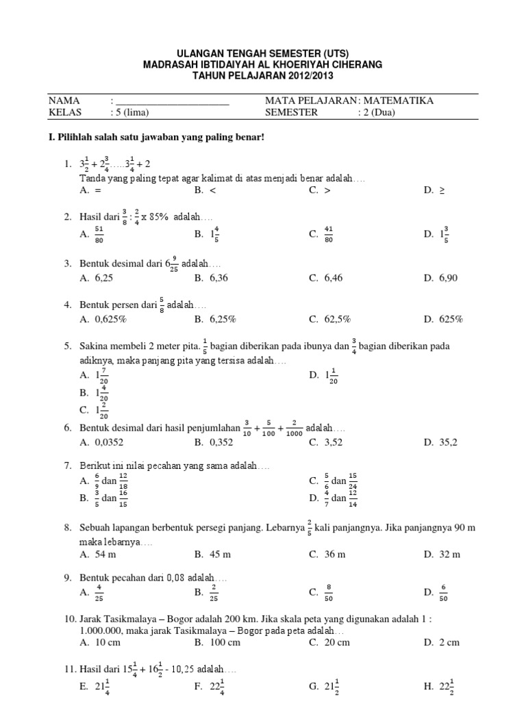 Soal Uts Kelas 5 Semester 1 Matematika Dalchaebi