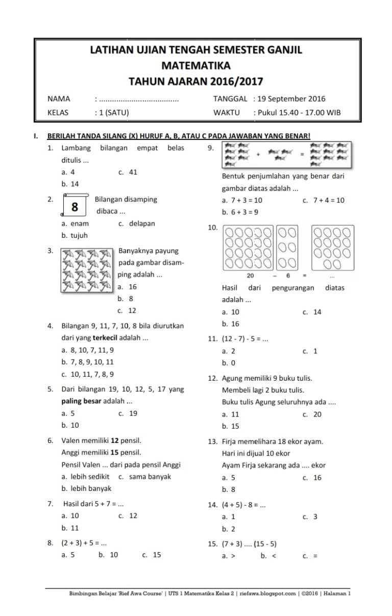 Bocoran 50 Contoh Soal Matematika Kelas 1 SD Semester 2 yang Sering Keluar Saat Ujian