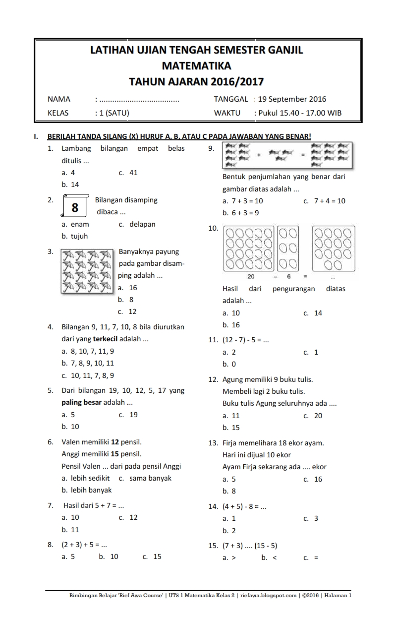 Soal Uts Matematika Kelas 1 Semester 2 - Piffle me