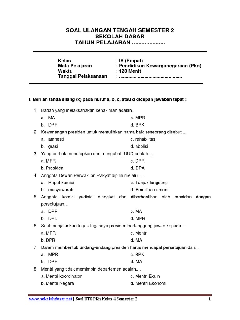 latihan soal pkn kelas 4 semester 2 latihan soal pkn kelas 4 semester 2