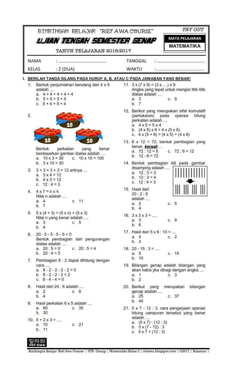 soal matematika kelas 2 sd dan kunci jawaban