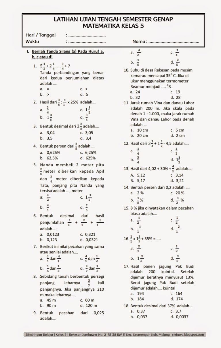 soal matematika kelas 5 semester 2 dan kunci jawaban 2021