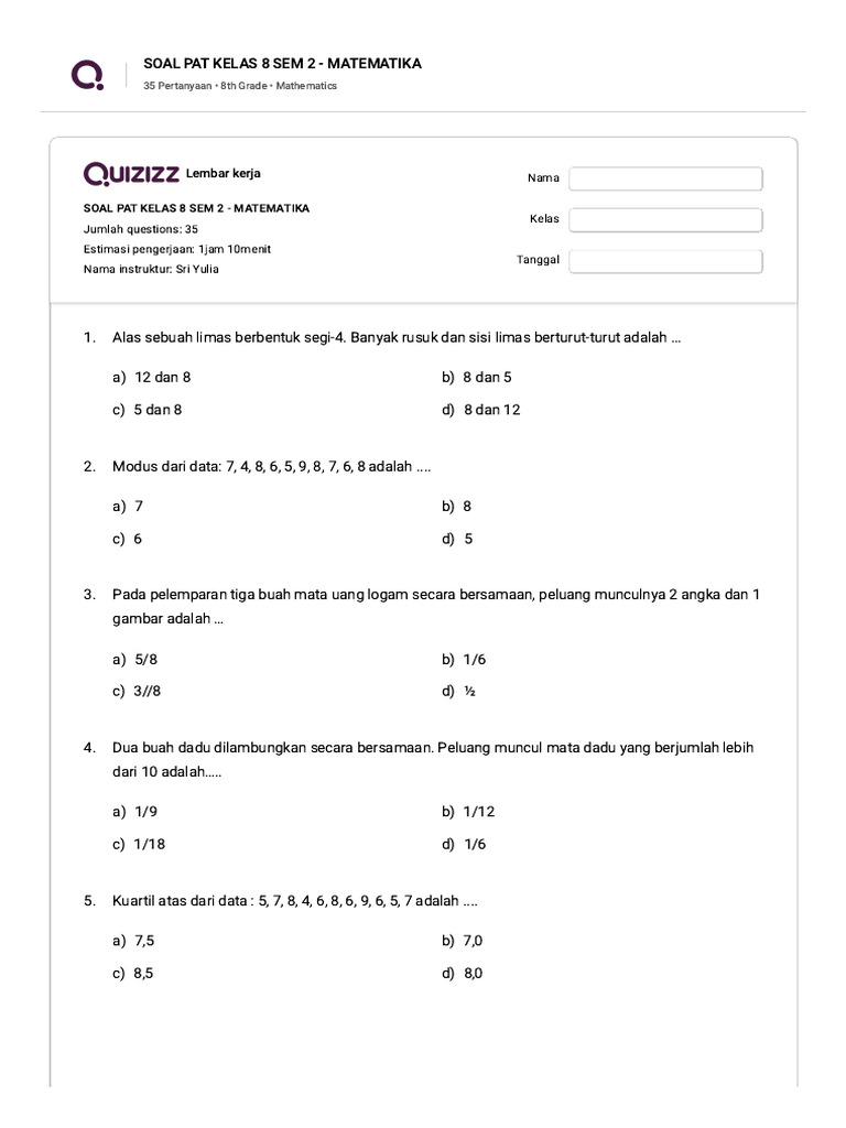 Soal Pat Kelas 8 Sem 2 - Matematika - Quizizz PDF