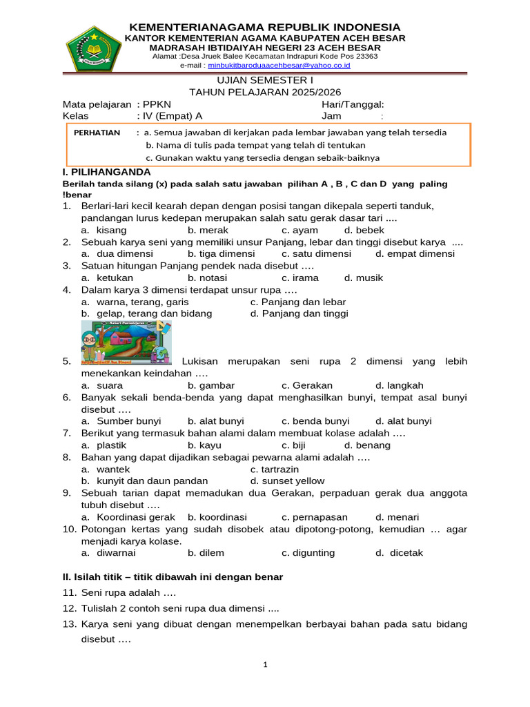 Ujian PPKN Kelas IV MI Negeri 23 Aceh PDF