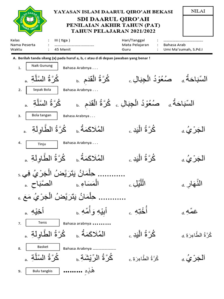 5 Lembar Kerja Soal Arab Melayu Kelas 3 SD Semester 2 Siap Cetak – Rahasia Nilai Bagus