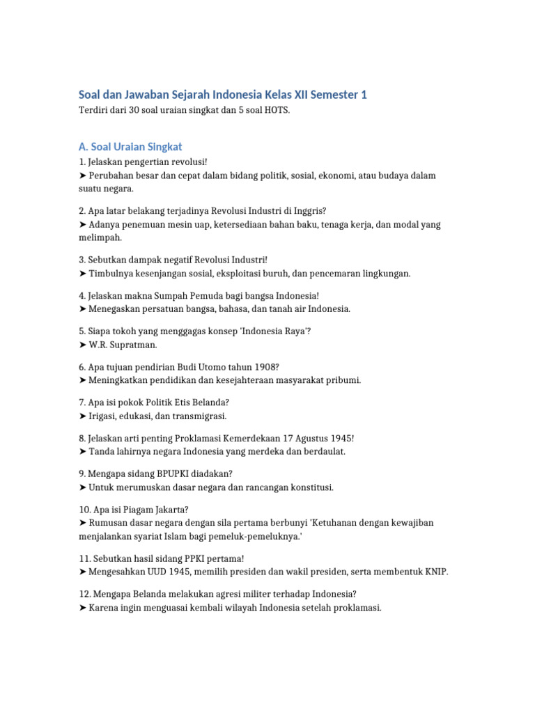 Soal Sejarah Indonesia Kelas XII Semester 1 PDF