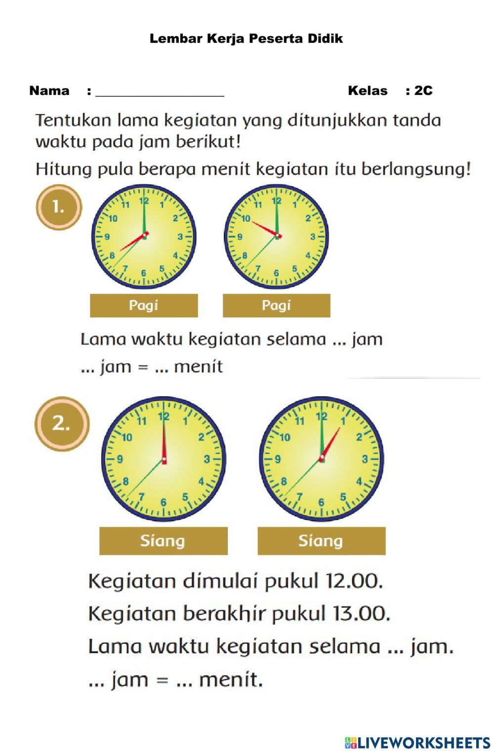 Worksheet Sekolah Dasar Belajar Waktu Matematika Kelas Tiga - Free Word