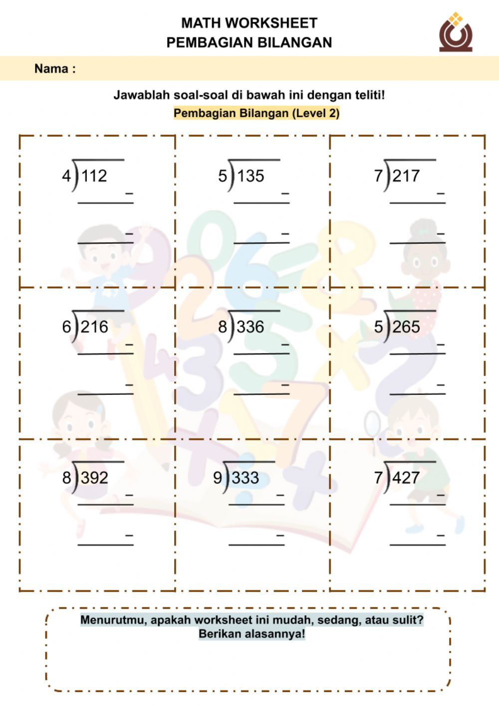 Pembagian Bilangan Bagi Kurung Worksheet Printable pangngalan