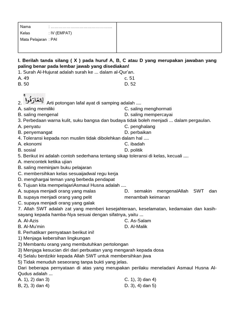 Soal PAI Kelas IV Toleransi dan Ibadah PDF