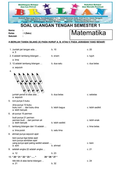 Soal UTS Matematika Kelas 1 SD Semester 1 Ganjil Dan Kunci Jawaban DOC