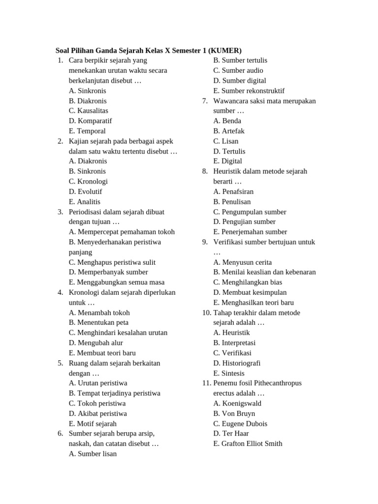 Soal Sejarah Kelas X Semester 1 PDF