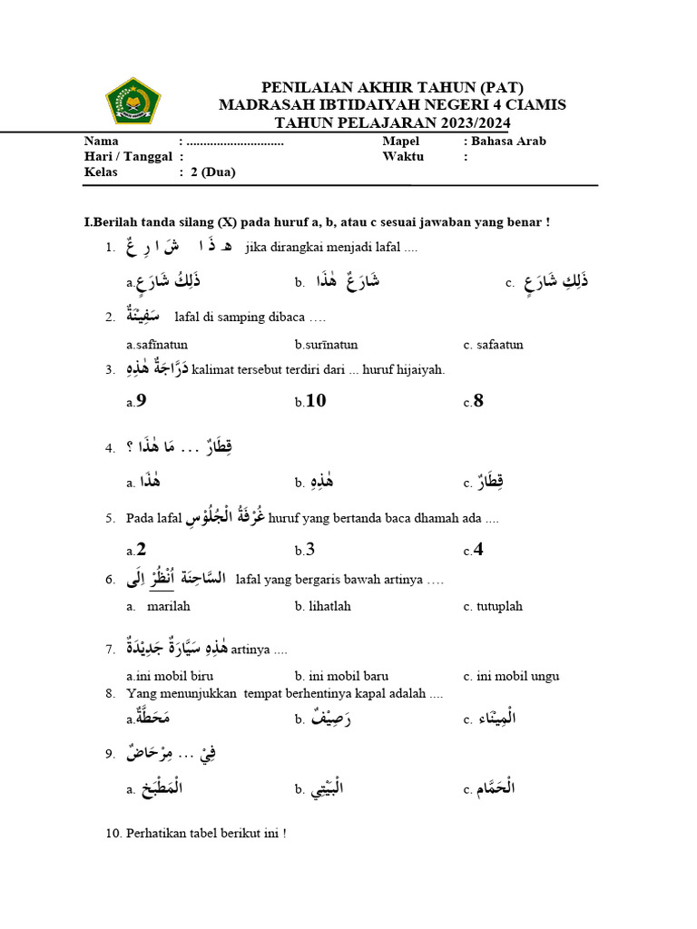 Terbukti Efektif! Contoh soal pts b arab kelas 2 mi semester 2 untuk Sukses PTS 2026