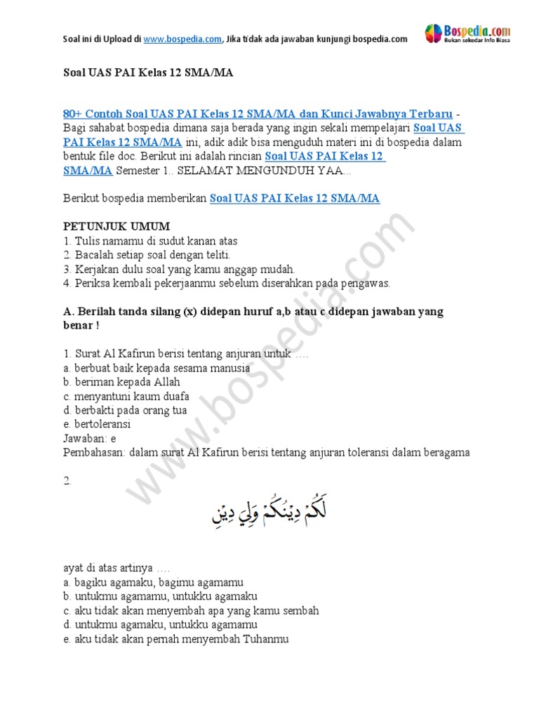 Soal UAS PAI Kelas 12 dan Jawaban PDF