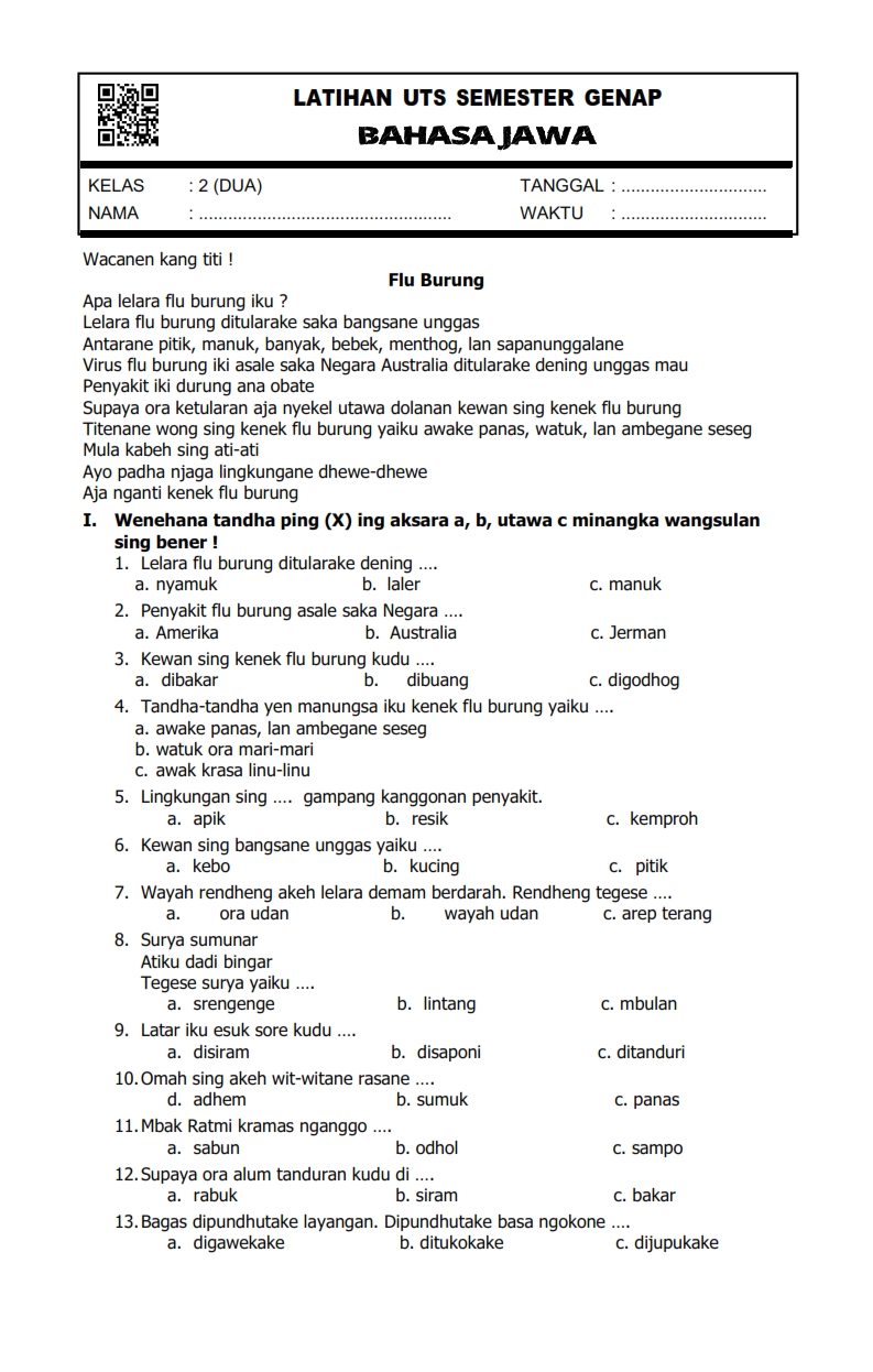 contoh soal pts bahasa jawa kelas 6 sd semester 2
